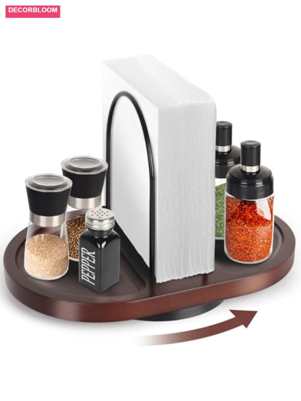Bamboo Metal Rotating Napkin Holder Salt Pepper Shaker Storage